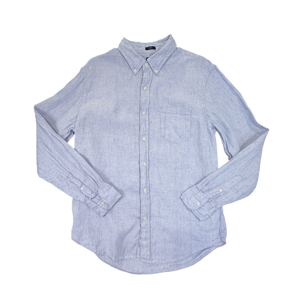 J.Crew Linen Cotton Shirt Men L Blue Slim Fit Long Sleeve Button Up AL179